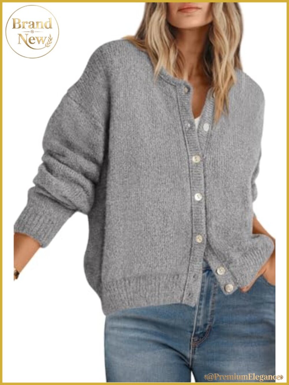 Crewneck Chunky Knit Button Down Cardigan Sweater for Women Fall Winter